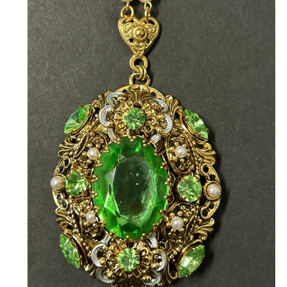 Vintage West Germany Pendant Necklace Green Cabochon Filigree Victorian Revival